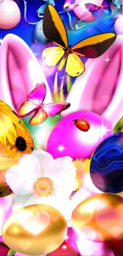 Colorful Easter wallpaper with eggs, butterflies, flowers, and vibrant pink hues.