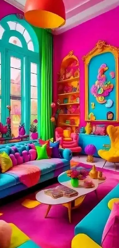 Vibrant living room with eclectic decor and bold colors.