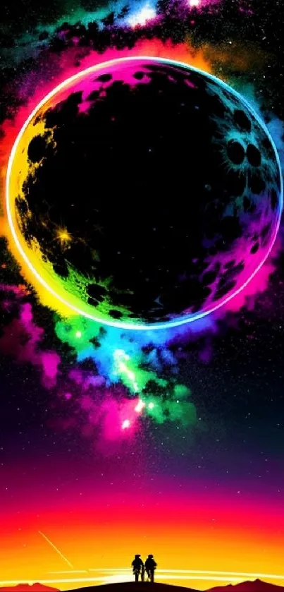 Colorful cosmic eclipse mobile wallpaper with vibrant hues.