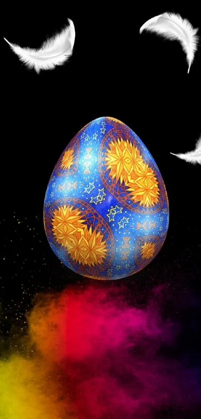 Vibrant egg with feathers, colorful burst on black.