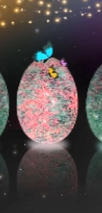 Colorful glowing eggs with butterfly in night scene wallpaper.
