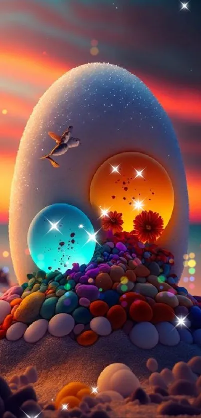 Surreal landscape with colorful eggs and pebbles against a vibrant sunset.