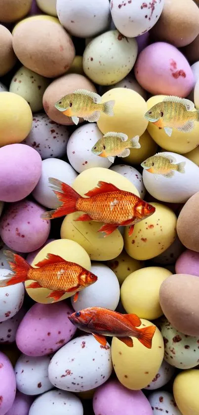 Colorful eggs and fish art wallpaper.