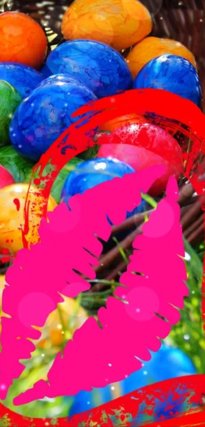 Colorful eggs and pink lips wallpaper with vibrant design.