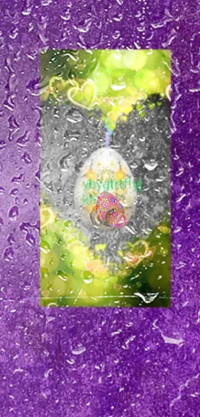 Vibrant wallpaper with eggshell art on purple, textured with droplets.