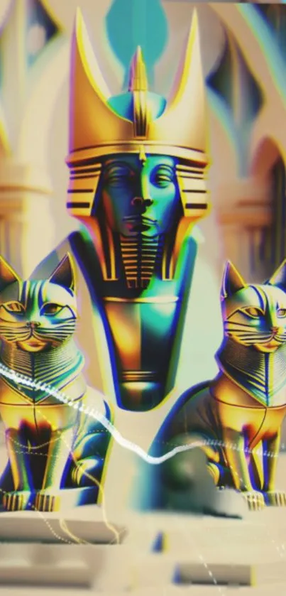 Vibrant Egyptian-themed wallpaper with colorful cat statues.