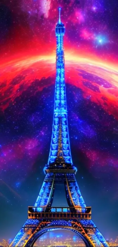 Eiffel Tower with vibrant cosmic background in colorful tones.