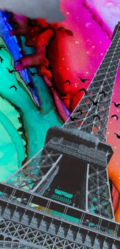 Eiffel Tower with colorful abstract background, birds flying.