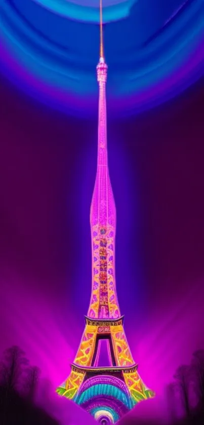 Vibrant, neon-styled Eiffel Tower against a purple night sky.