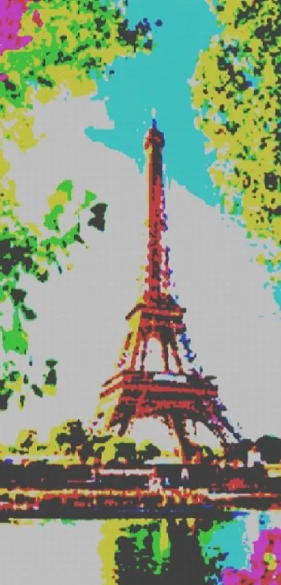 Eiffel Tower with vibrant colorful foliage in digital art style.