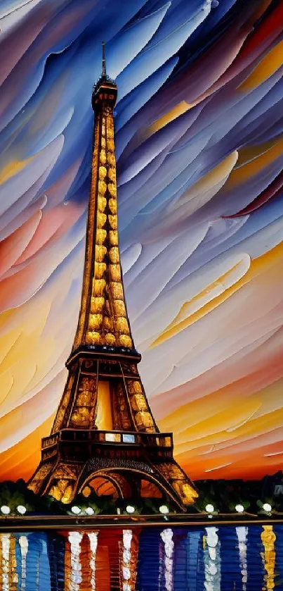 Artistic depiction of Eiffel Tower with vibrant swirling sky background.