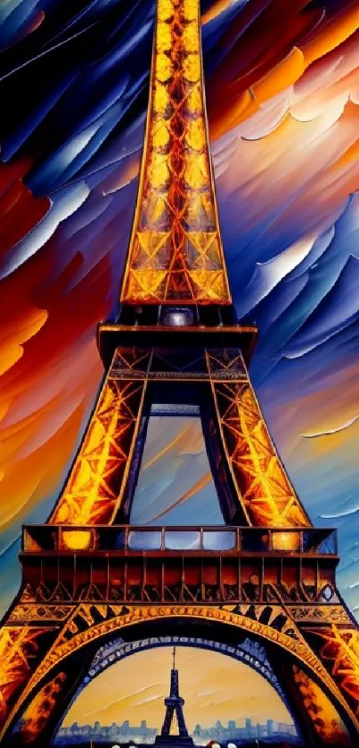 Artistic Eiffel Tower with vibrant orange sky.