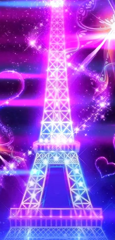 Vibrant neon Eiffel Tower with heart motifs.