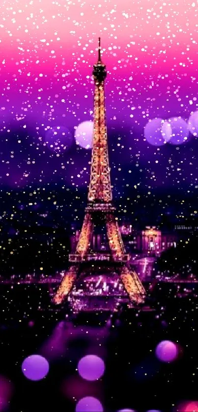 Eiffel Tower at night with a purple and pink gradient background.