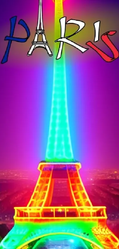 Paris Eiffel Tower glowing in vibrant rainbow neon colors at night.