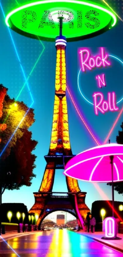 Eiffel Tower with neon lights and a vibrant Parisian scene.