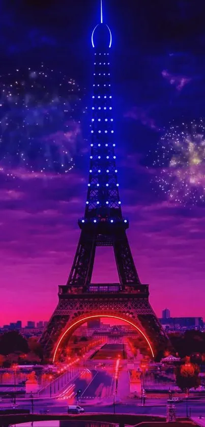 Eiffel Tower at night with fireworks display in Paris