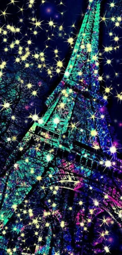 Eiffel Tower at night with neon colors and stars.