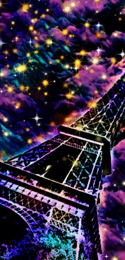 Colorful Eiffel Tower with starry night sky wallpaper.