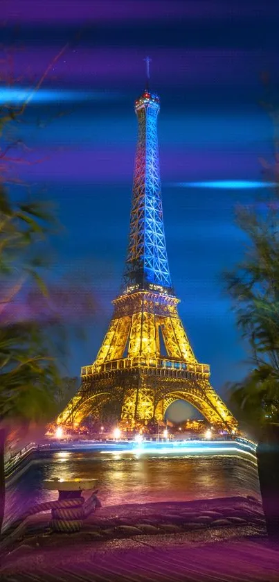 Eiffel Tower illuminated at night with vivid colors