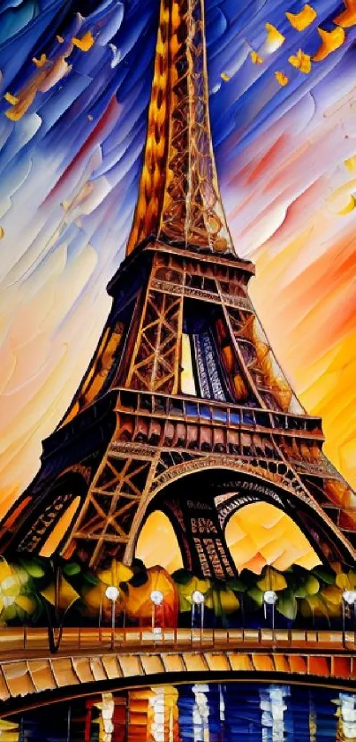 Vibrant painting of the Eiffel Tower with colorful, dynamic brush strokes.