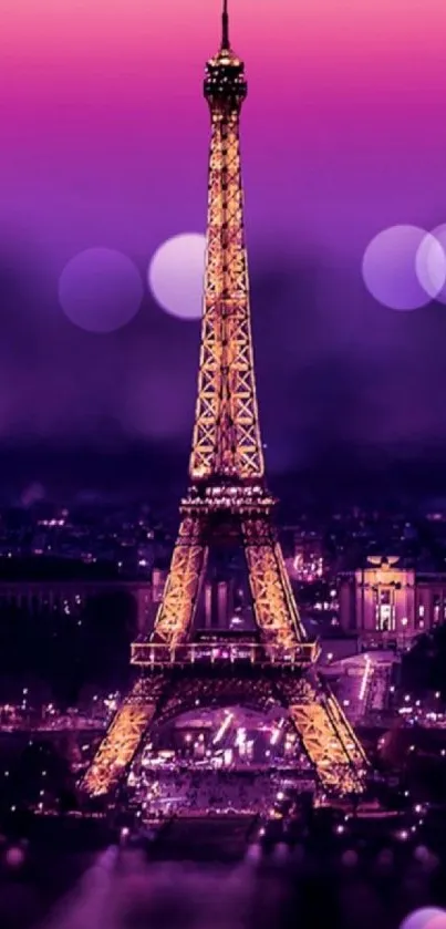 Eiffel Tower under vibrant purple sky with city lights.