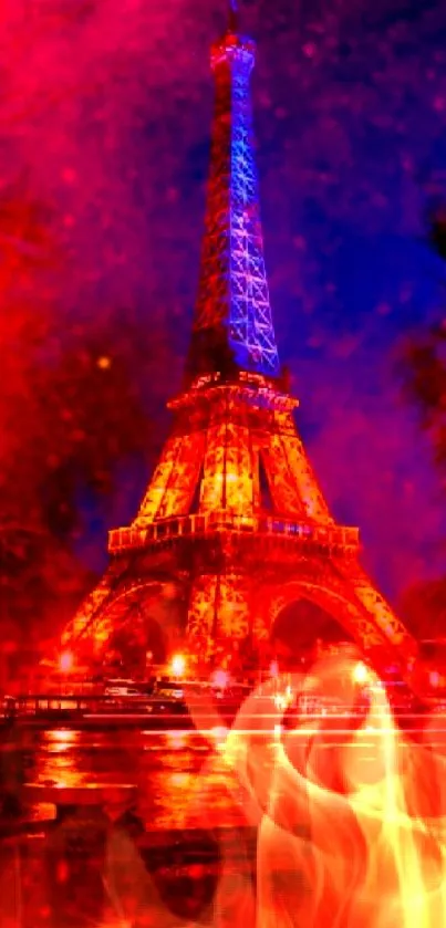 Vibrant Eiffel Tower wallpaper with red and blue hues, perfect for mobile screens.