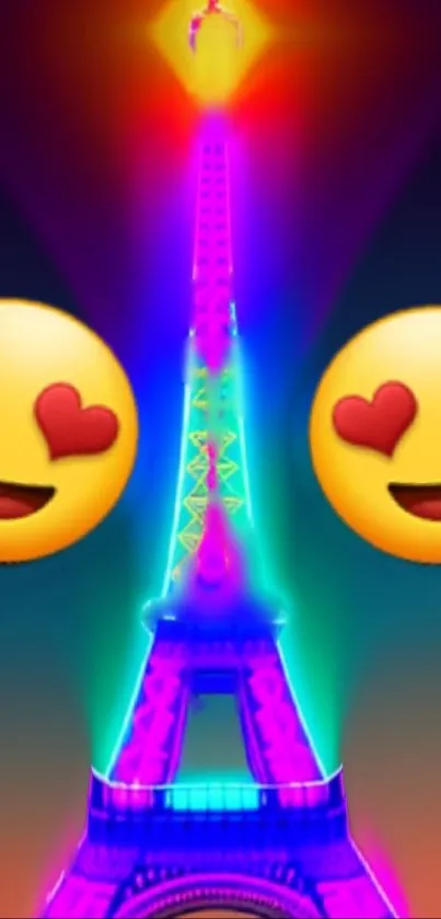 Colorful Eiffel Tower with heart emojis on mobile wallpaper.