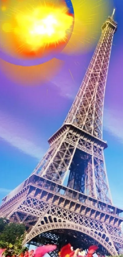 Colorful Eiffel Tower wallpaper with a vibrant sky.