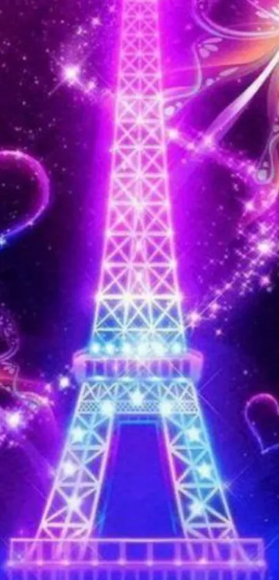 Neon Eiffel Tower with glowing hearts on a vibrant purple background.