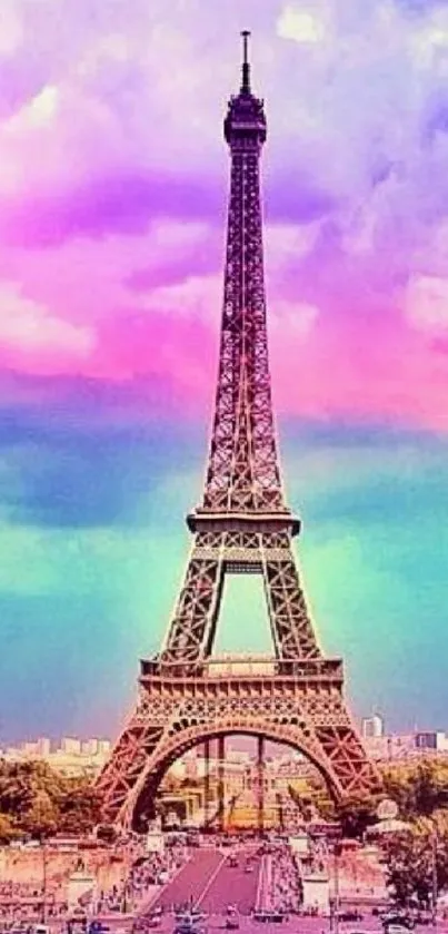 Colorful Eiffel Tower wallpaper with pink, purple, and turquoise sky.