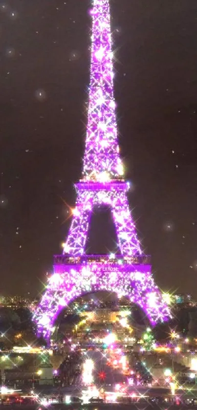 Eiffel Tower glowing in purple lights at night.