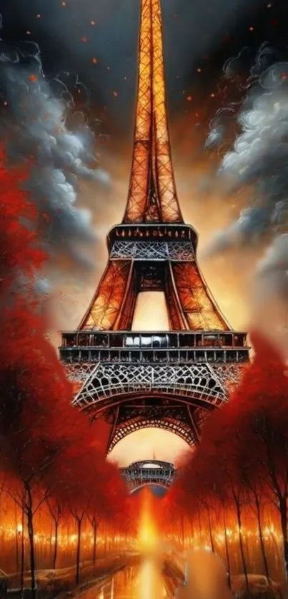 Colorful Eiffel Tower glowing in warm tones under a night sky with red-orange hues.