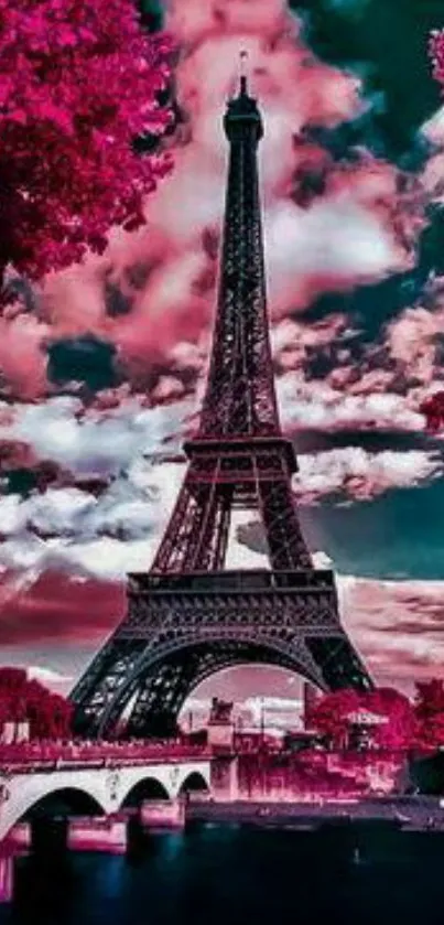 Vibrant Eiffel Tower with pink sky and clouds, perfect for mobile wallpaper.