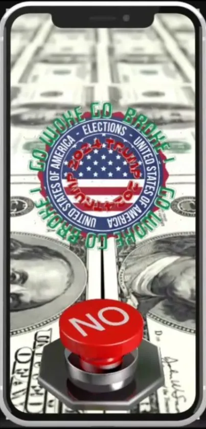 Phone screen with US dollar and political symbols.