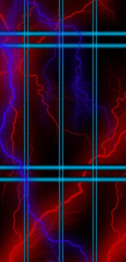 Electric red and blue abstract wallpaper with turquoise lines.