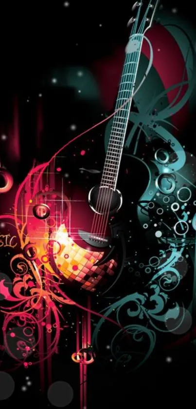 Vibrant electric guitar wallpaper with neon art and musical theme.