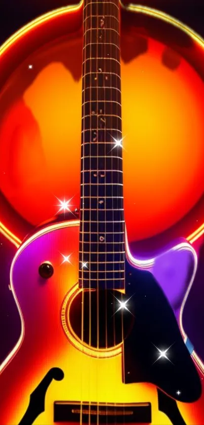 Vibrant neon guitar art with a stunning orange backdrop and glowing stars.