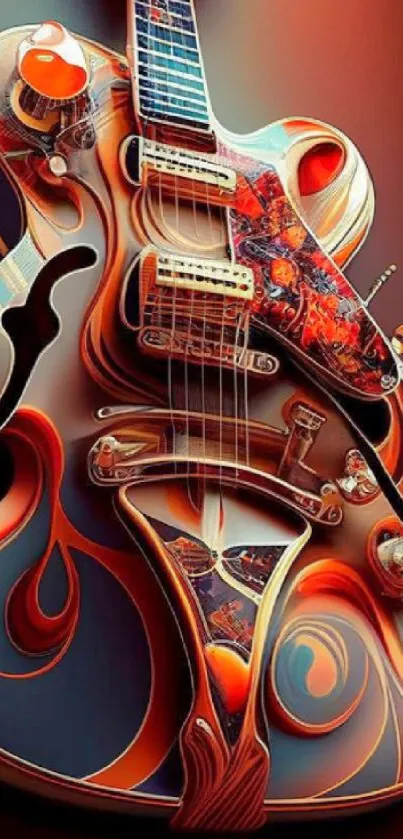 Artistic electric guitar with vibrant orange and blue swirls.