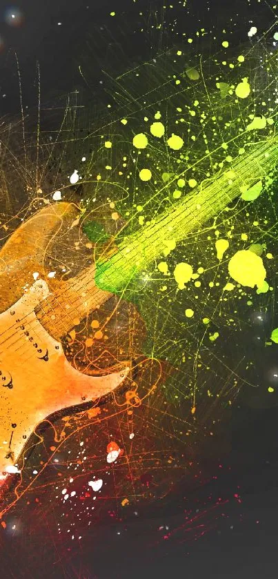 Colorful electric guitar with vibrant splashes on a dark background.