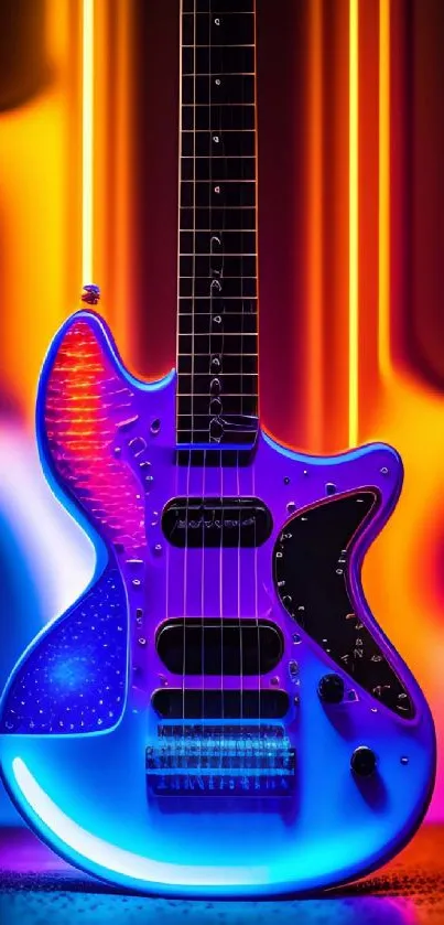 Vibrant neon electric guitar with glowing strings in blue and orange hues.