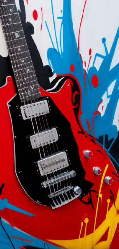 Vibrant electric guitar with graffiti art wallpaper.