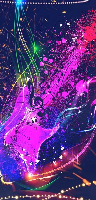 Vibrant electric guitar with neon splash artwork.