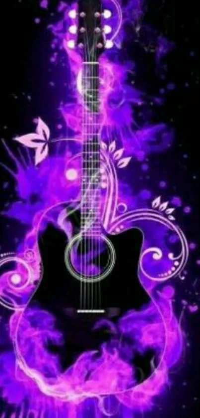 Purple neon electric guitar wallpaper with artistic effects.