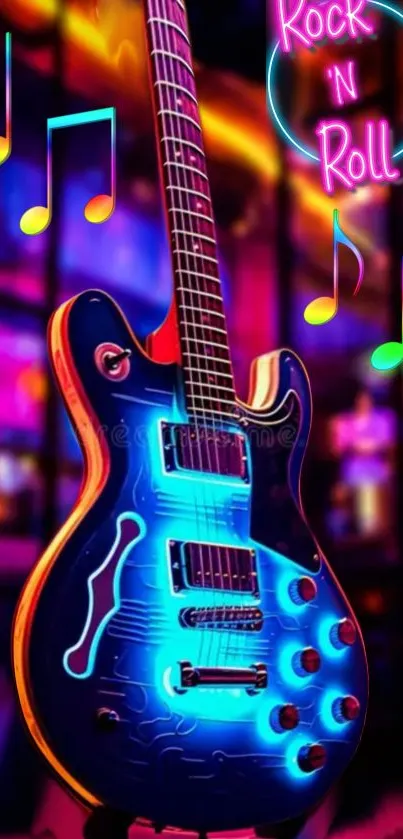 Electric guitar glowing with vibrant neon colors.