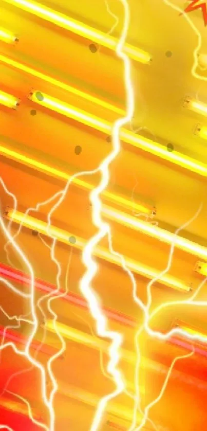 Vibrant wallpaper with electric lightning over yellow and red hues.