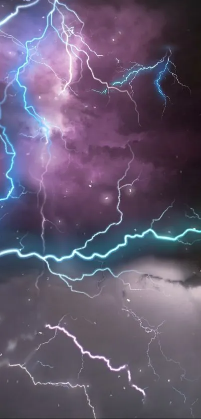 Dynamic purple and blue lightning mobile wallpaper with dramatic clouds.