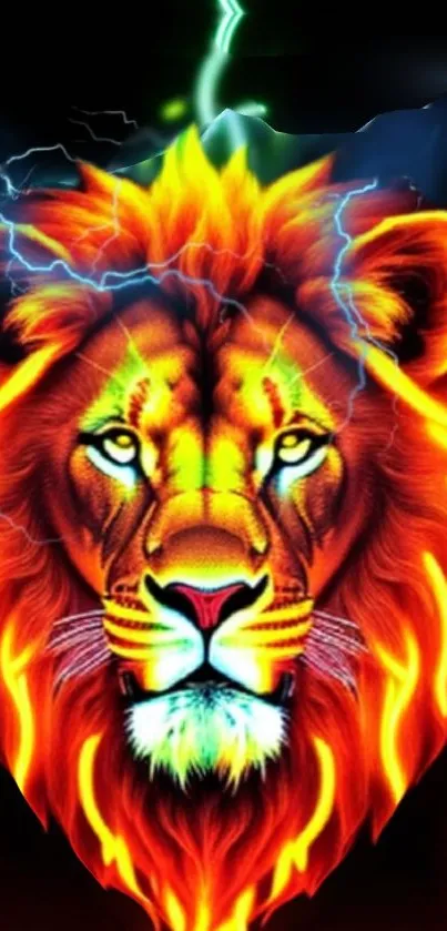 Vibrant lion with electric blue mane and fiery colors.