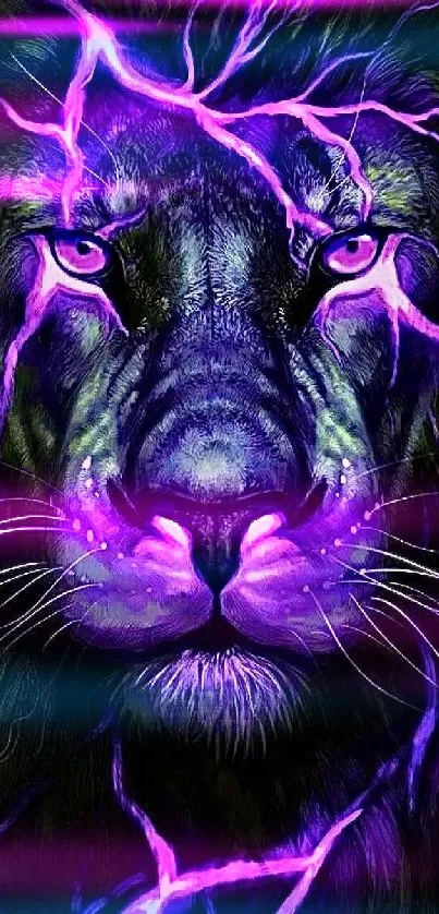 Electric lion with vibrant purple lightning on dark background.