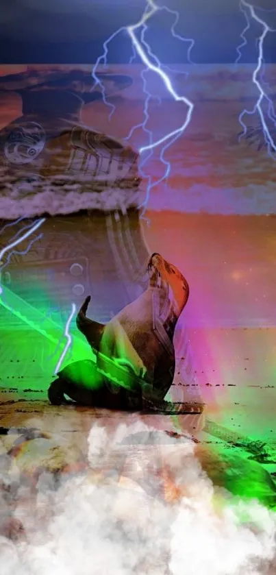 Seal on beach with lightning and vibrant colors in surreal wallpaper.